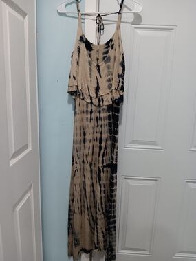 Tie-Dye Beige and Black Maxi Dress - Sleeveless Ruffle Overlay